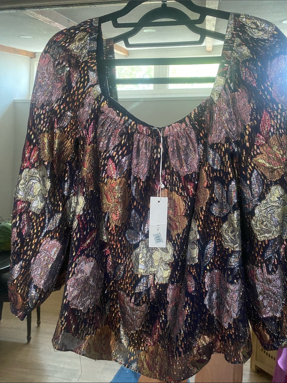 Rebecca Taylor Metallic Floral Peasant Blouse in Black, Gold, Pink